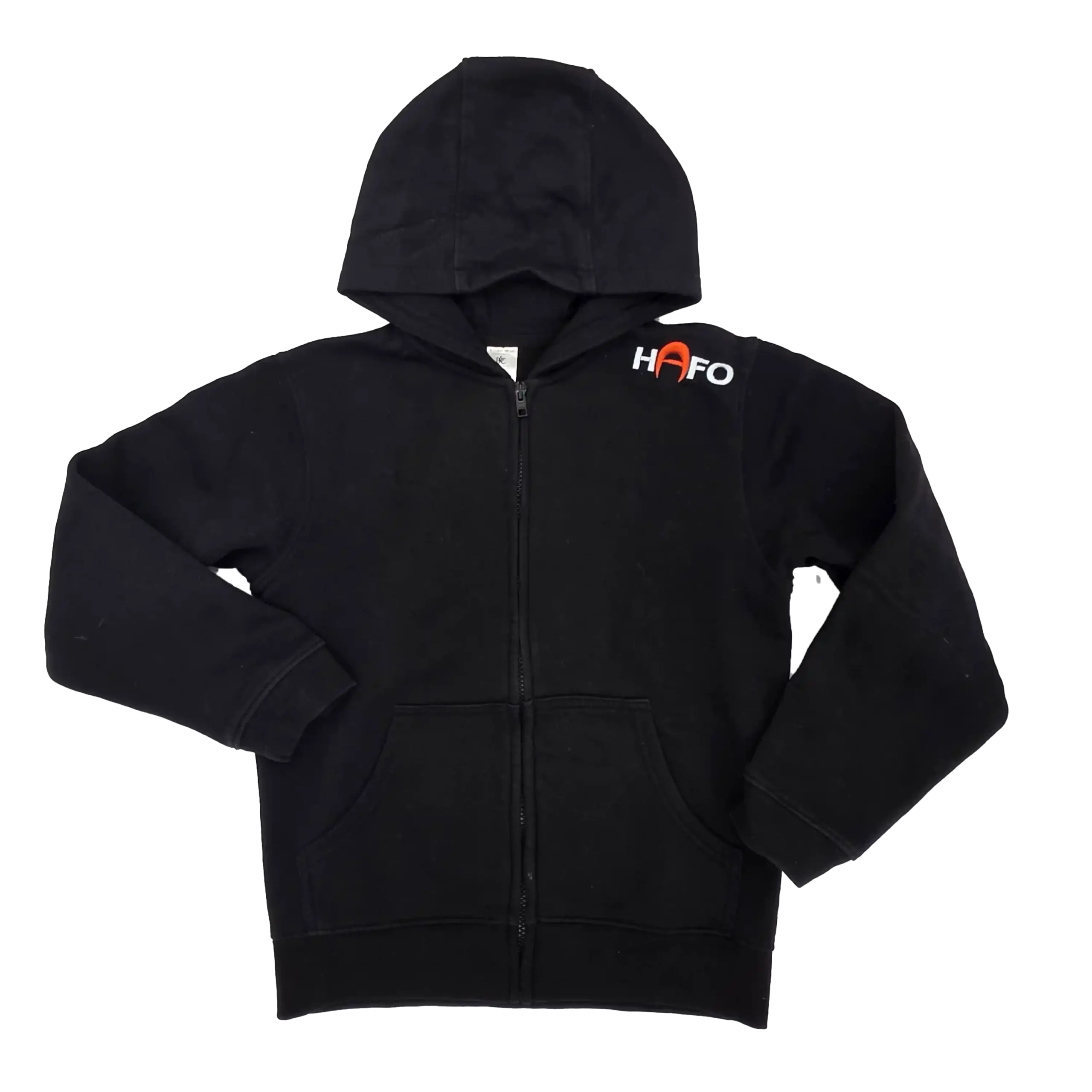 Zu sehen ist ein schwarzer HAFO Full Zip Hoodie für Kinder vor weißem Hintergrund. Auf der linken Brustseite steht der Schriftzug „HAFO“.